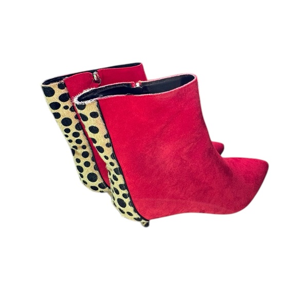 FSJ Red And Leopard Patterned Suede Pointed Toe Booties Size 10 - Picture 3 of 9